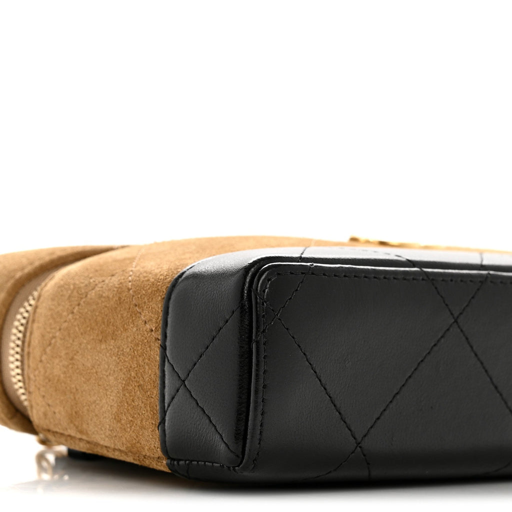 Chanel Suede Calfskin Shiny Lambskin Quilted Top Handle Slim Vanity Case With Chain Beige Black