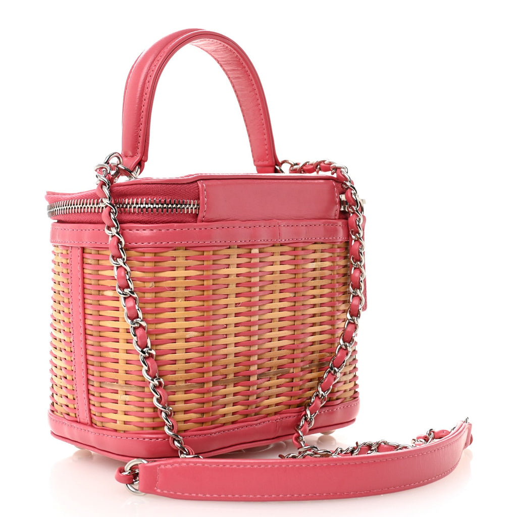 Chanel Calfskin Raffia Small Take Away Vanity Case Bag Pink Beige
