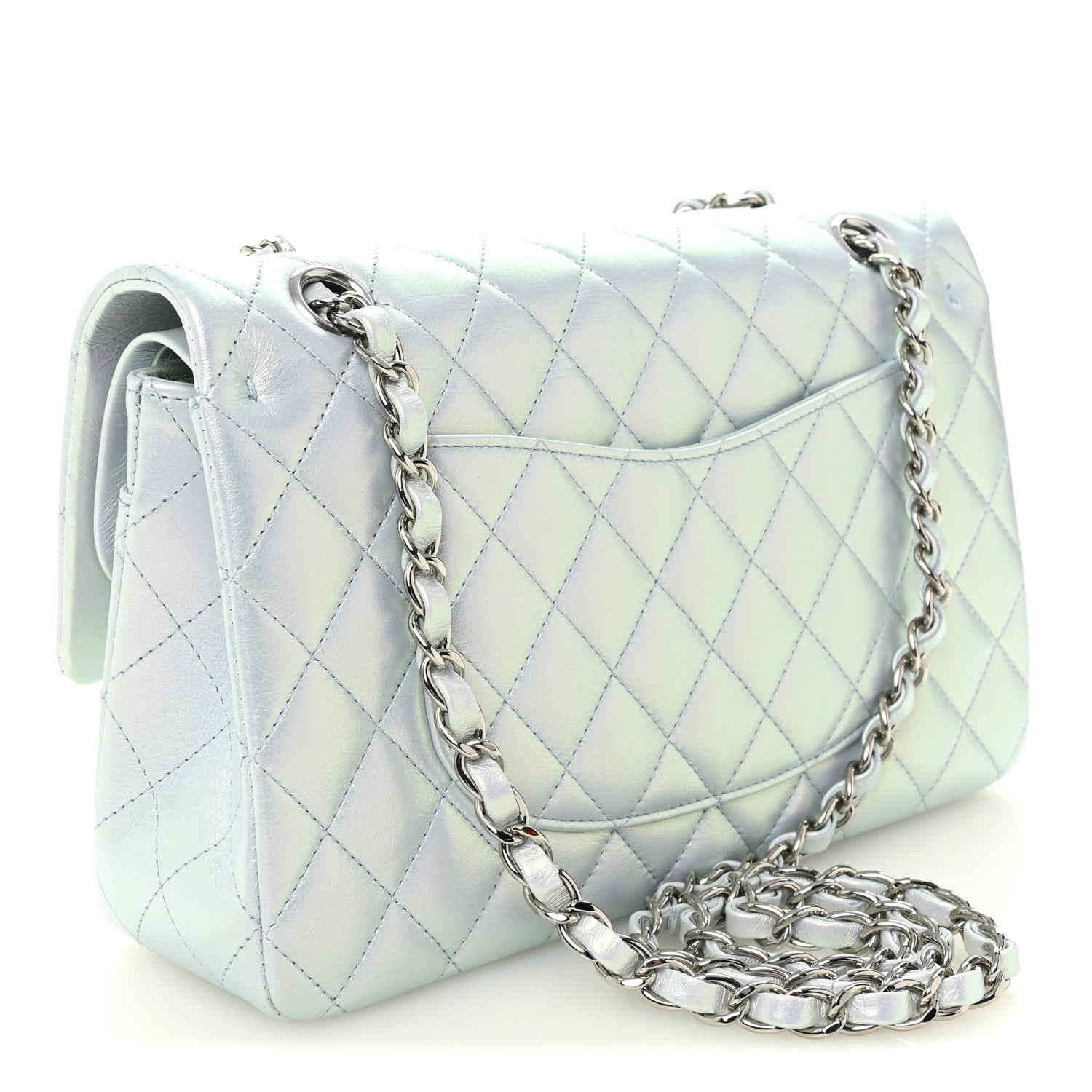 Chanel Iridescent Calfskin Quilted Medium Double Flap Light Blue