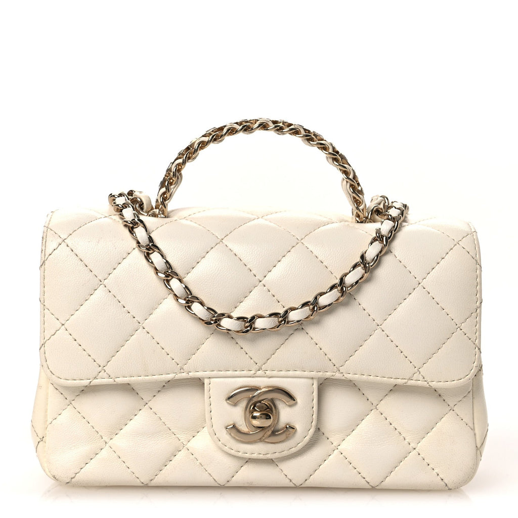Chanel Lambskin Quilted Mini Crystal Top Handle Rectangular Flap White