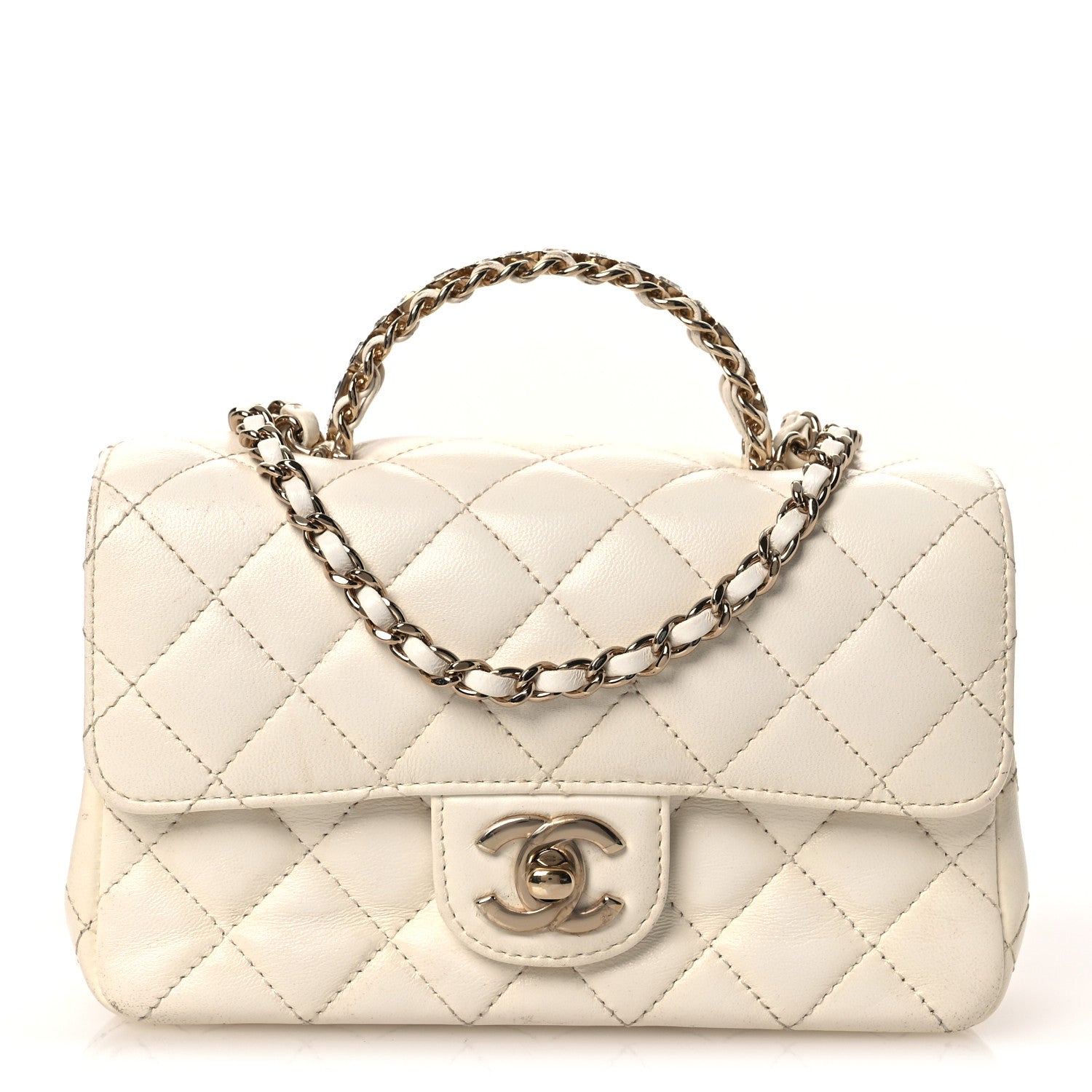Chanel Lambskin Quilted Mini Crystal Top Handle Rectangular Flap White