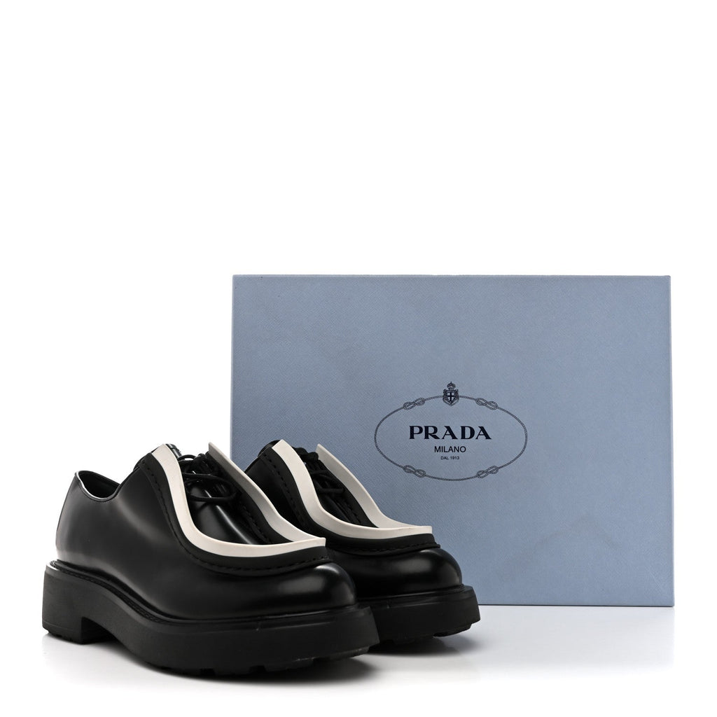 Prada Spazzolato Rois Monolith 55mm Derby Loafers 36.5 Black White