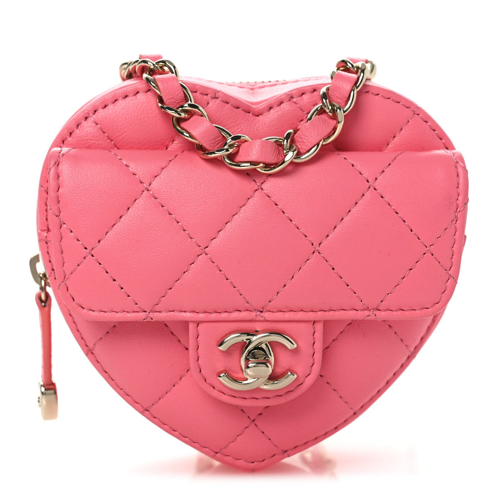 Chanel Lambskin Quilted CC In Love Heart Waist Belt Bag With Chain Pink