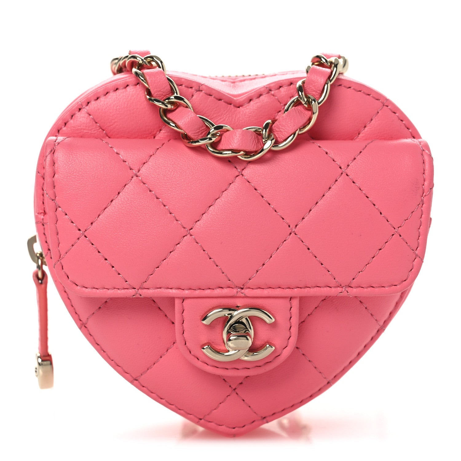Chanel Lambskin Quilted CC In Love Heart Waist Belt Bag With Chain Pink