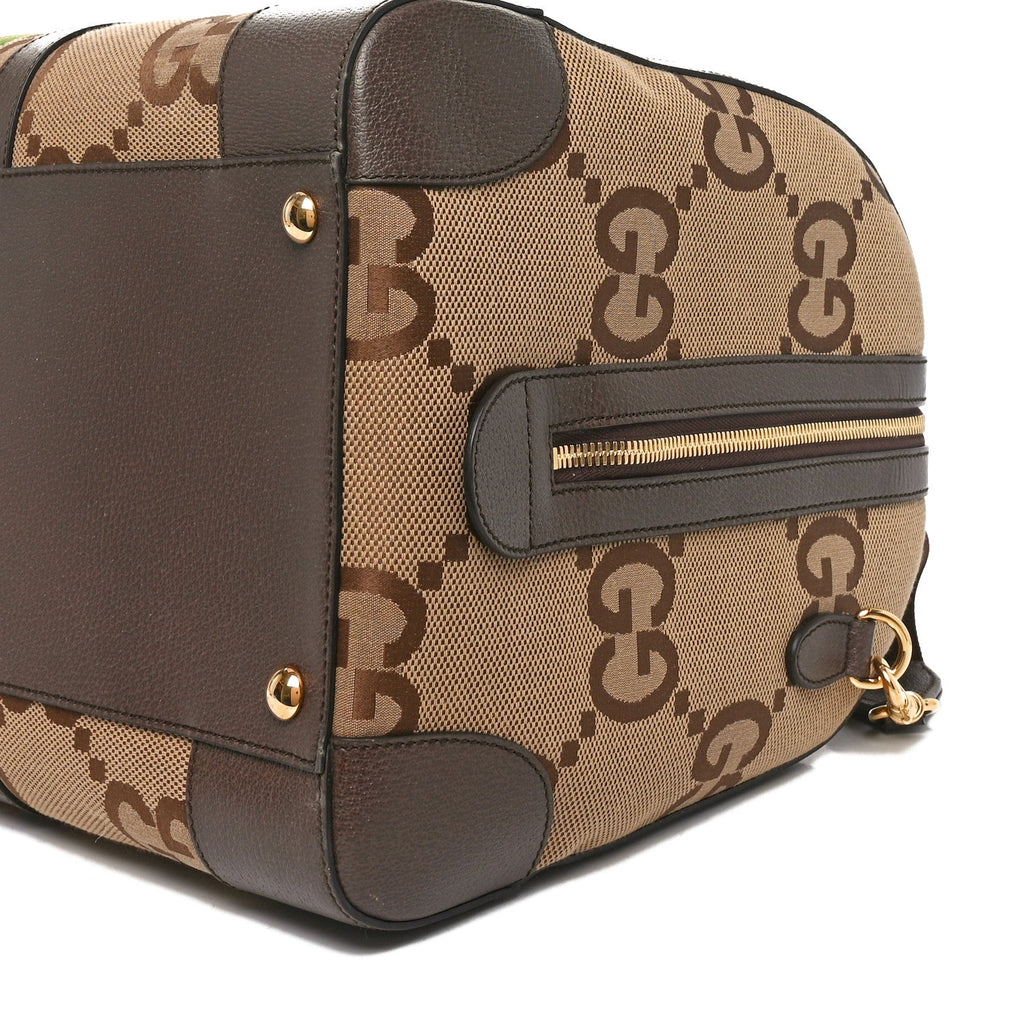 Gucci Monogram Jumbo GG Textured Dollar Calfskin Web Large Duffle Bag Camel Ebony