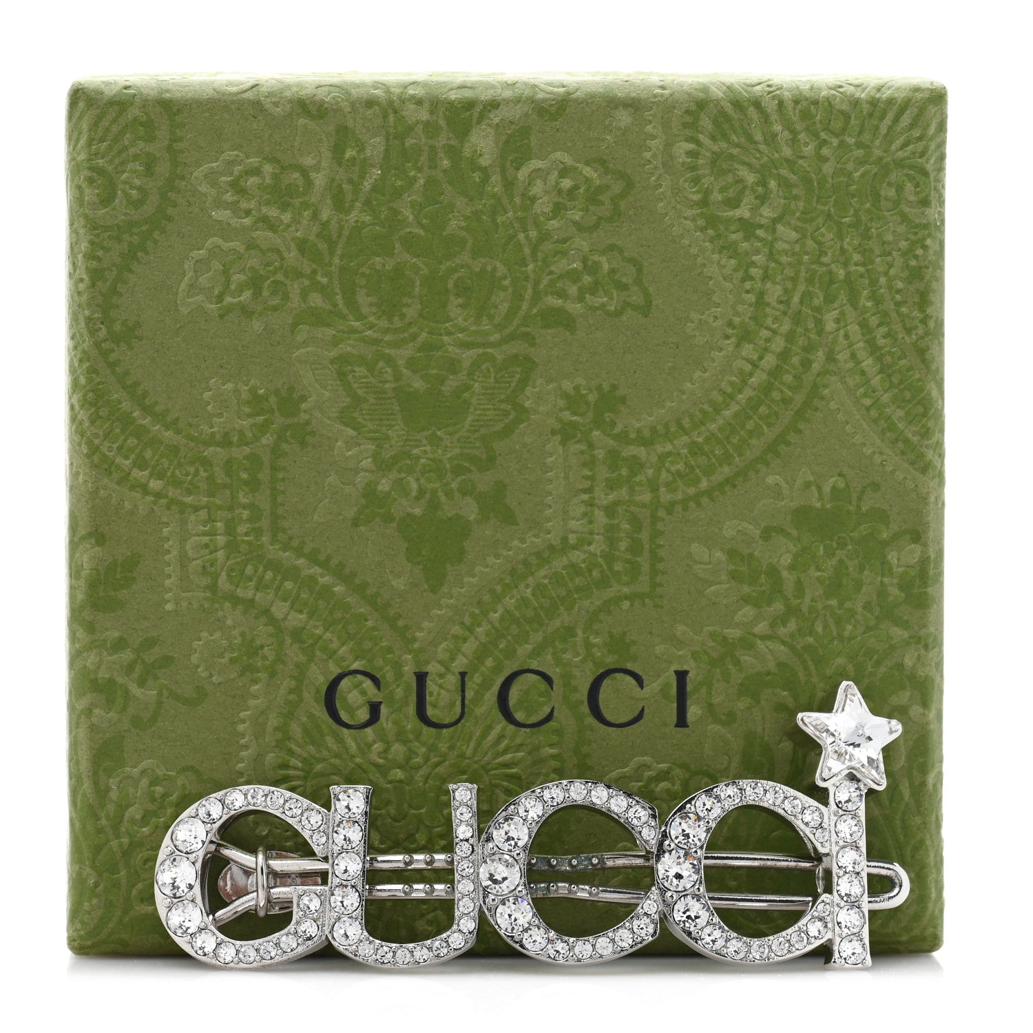Gucci Metal Crystal Logo Hair Barrette Silver