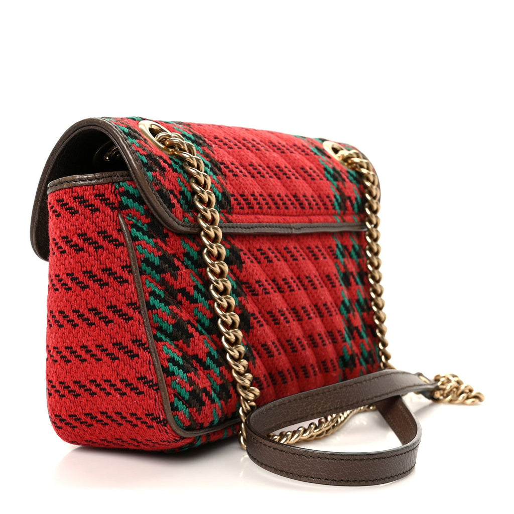 Gucci Wool Tweed Textured Dollar Calfskin Matelasse Diagonal Plaid Small GG Marmont Shoulder Bag Red Green Multicolor New Acero