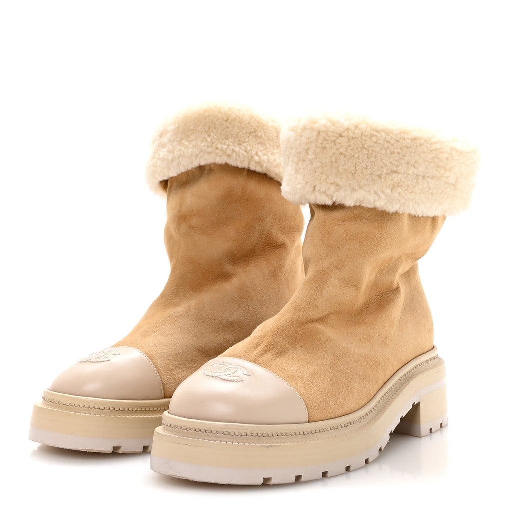 Chanel Suede Shearling Cap Toe Short Boots 38 Beige