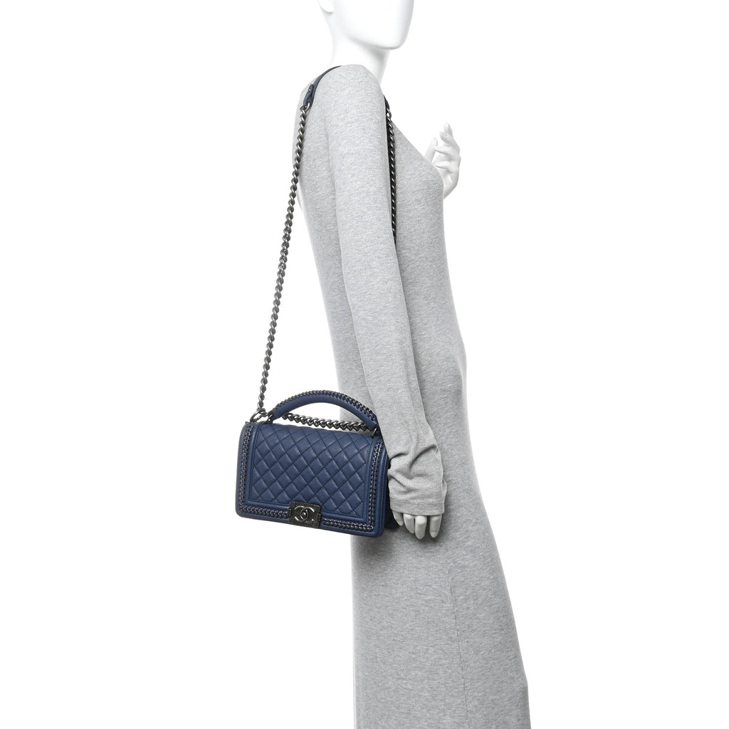 Chanel Lambskin Quilted Medium Top Handle Boy Flap Blue