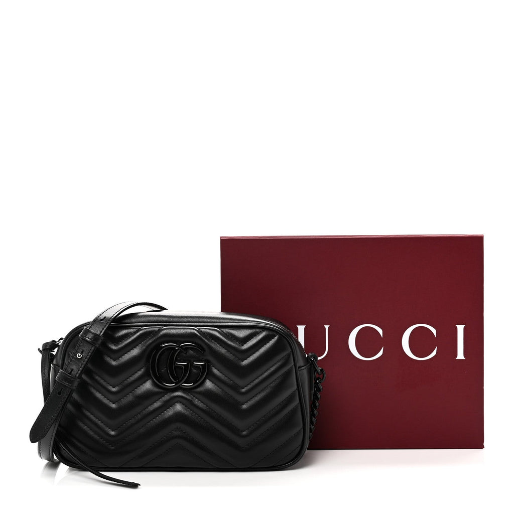Gucci Calfskin Matelasse Monochrome Small GG Marmont Chain Shoulder Bag Black