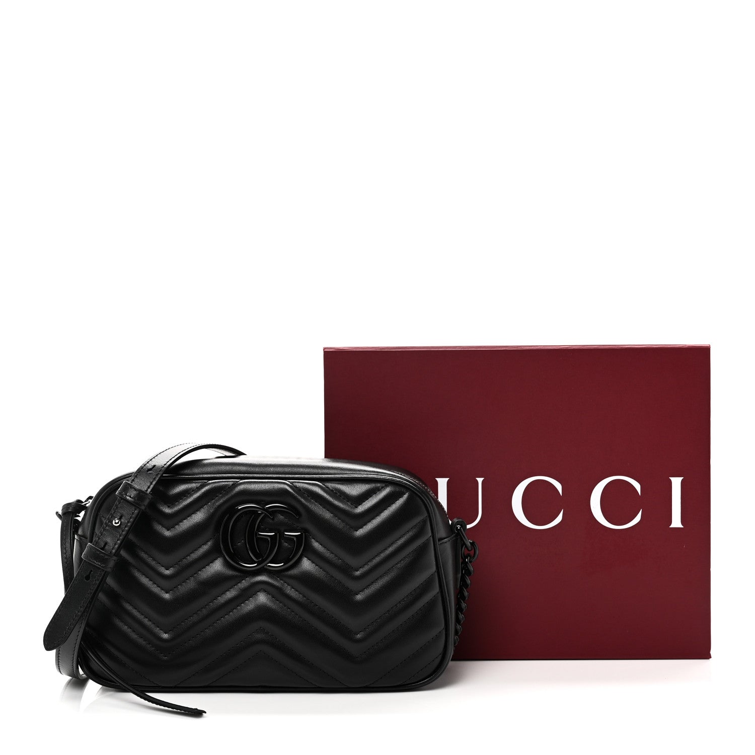 Gucci Calfskin Matelasse Monochrome Small GG Marmont Chain Shoulder Bag Black
