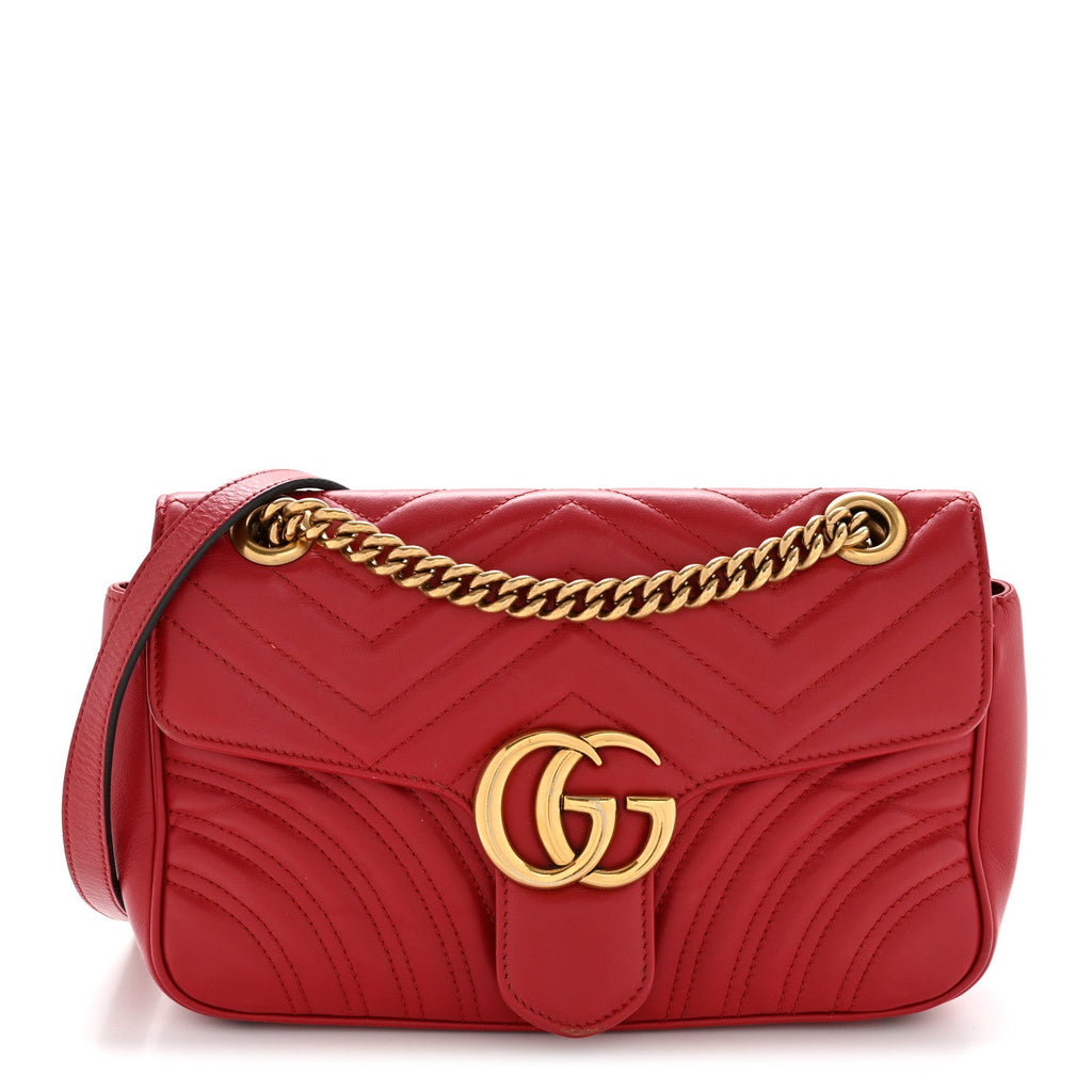 Gucci Calfskin Matelasse Small GG Marmont Shoulder Bag Hibiscus Red