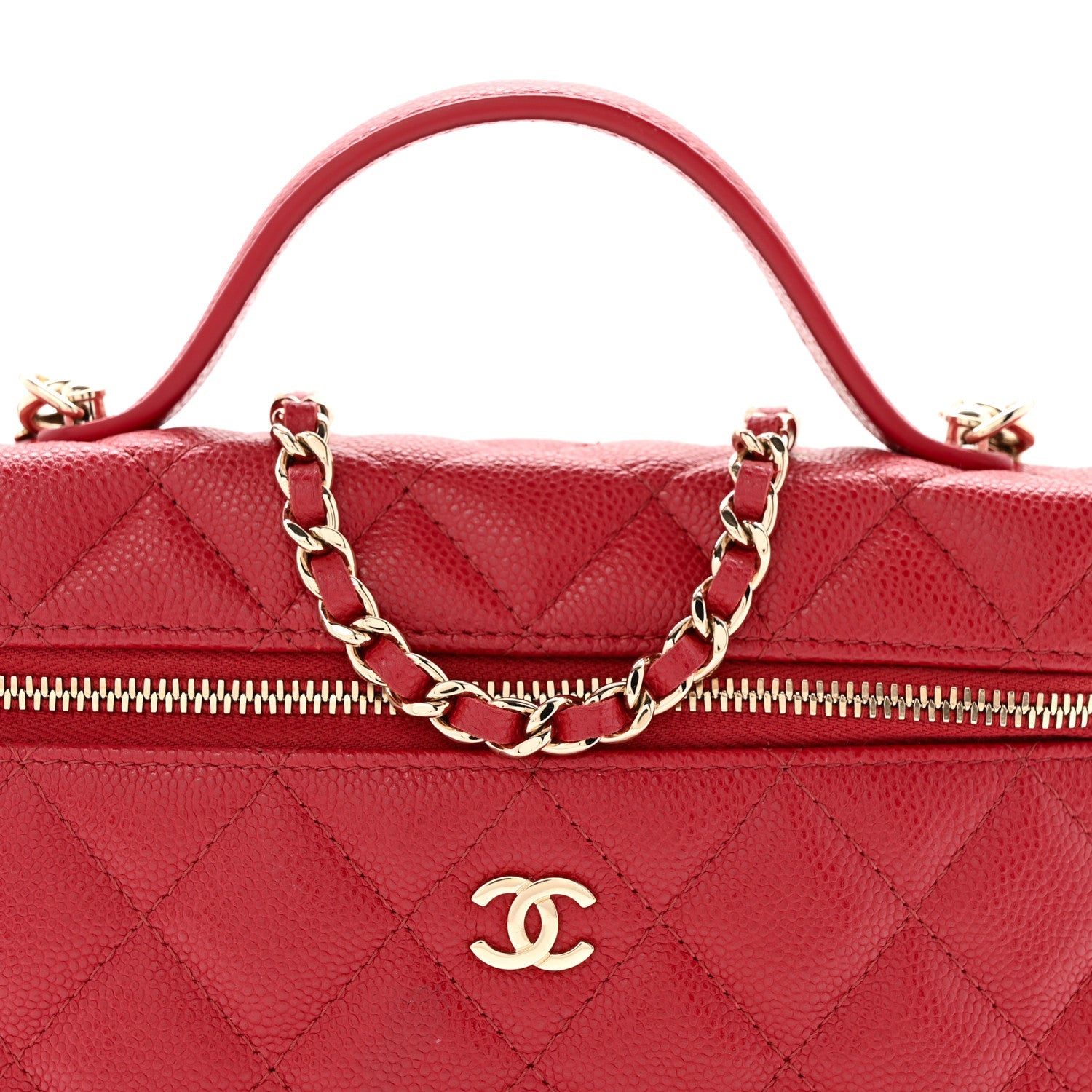 Chanel Caviar Quilted Top Handle Slim Vanity With Chain Red