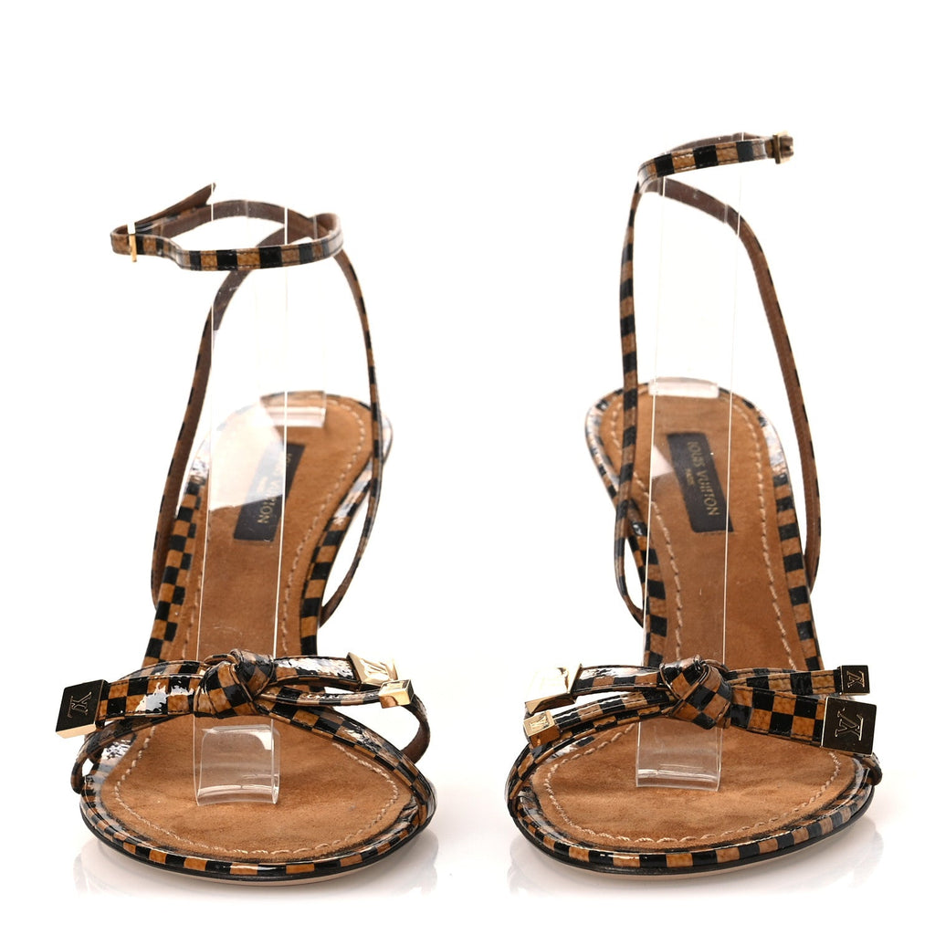 Louis Vuitton Patent Suede Damier Bow Ankle Wrap Sandals 36