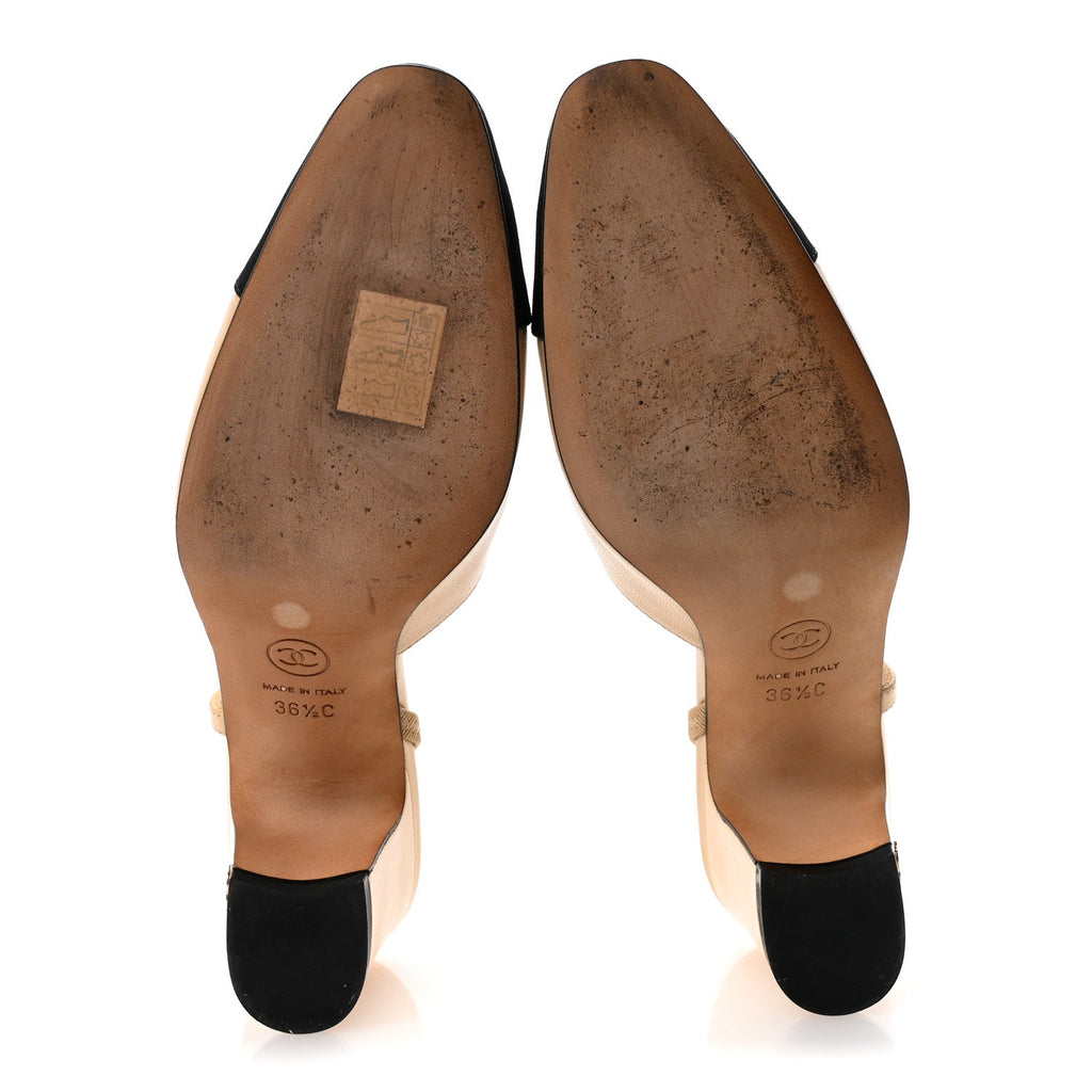 Goatskin Grosgrain Cap Toe CC Slingback Pumps 36.5 Beige Black