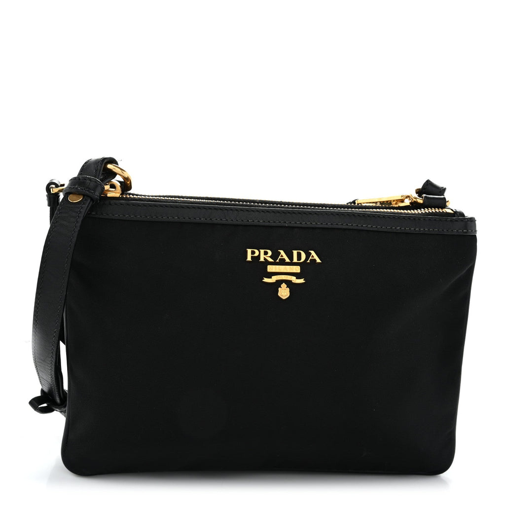 Prada Tessuto Nylon Soft Calf Double Zip Crossbody Bag Black