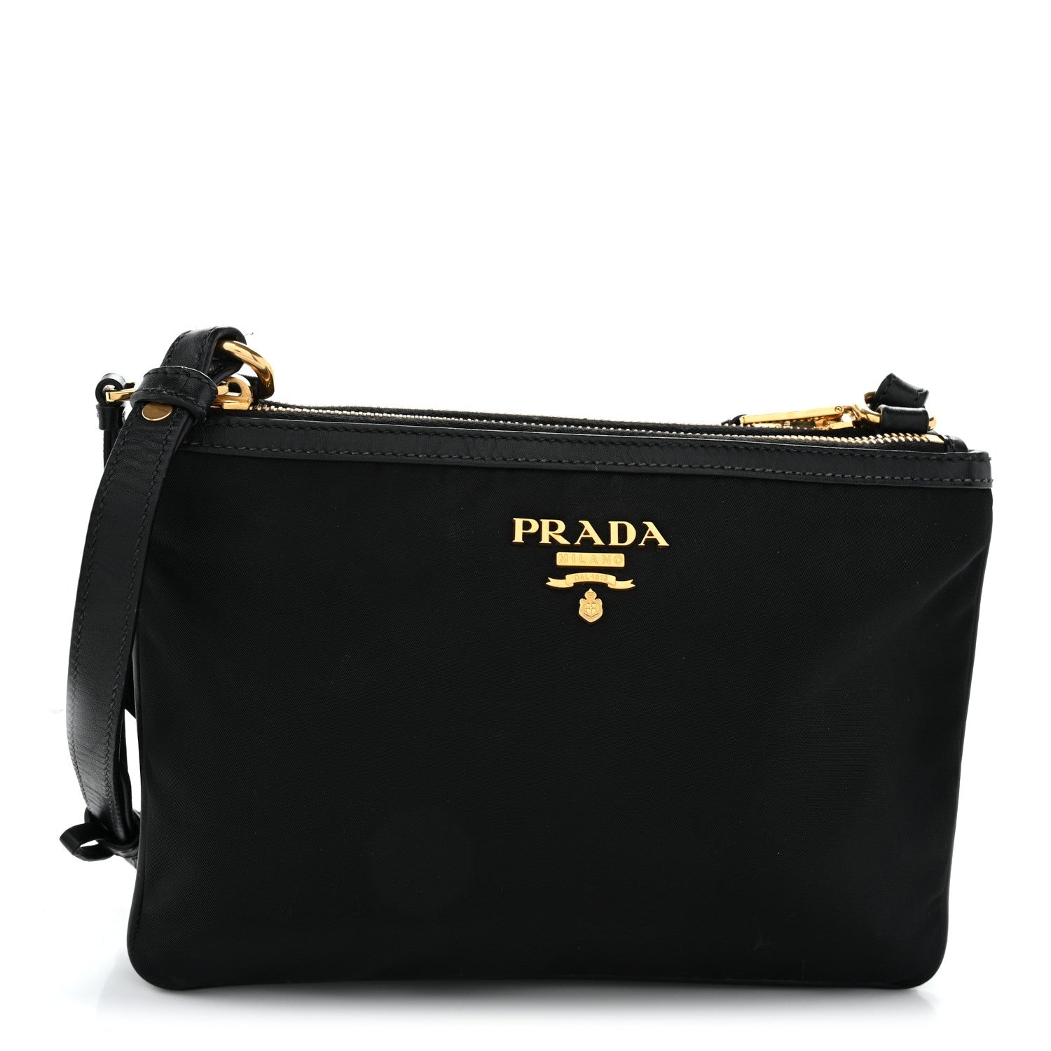 Prada Tessuto Nylon Soft Calf Double Zip Crossbody Bag Black