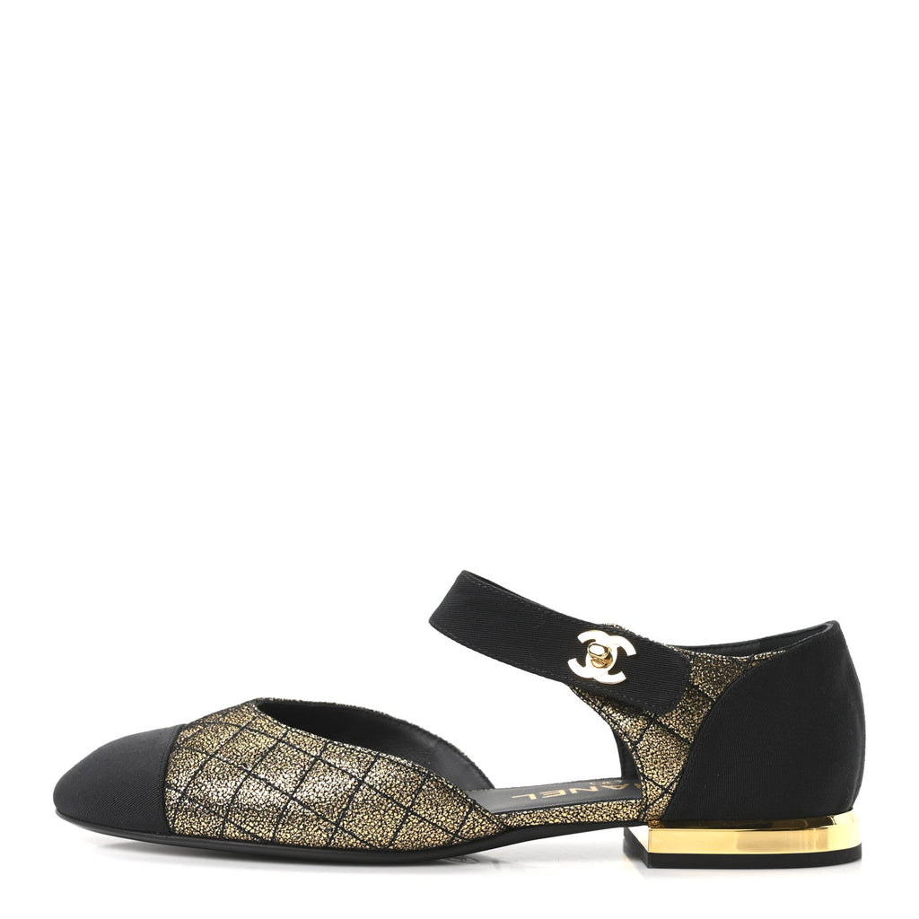 Laminated Suede Kidskin Grosgrain Quilted Cap Toe Ballerina Flats 36.5 Gold Black