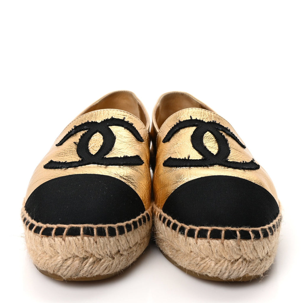 Laminated Lambskin Grosgrain CC Espadrilles 35 Gold Black