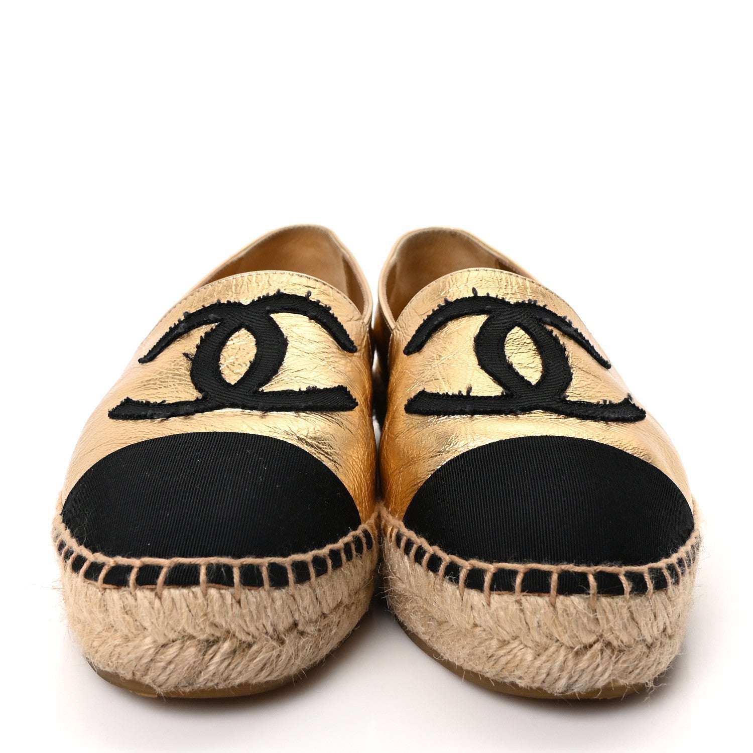 Laminated Lambskin Grosgrain CC Espadrilles 35 Gold Black