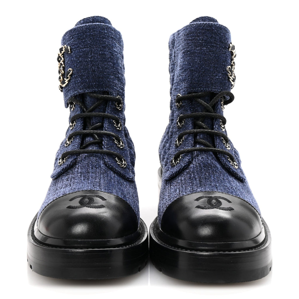 Chanel Shiny Calfskin Velvet Quilted Lace Up Combat Boots 38.5 Blue Black