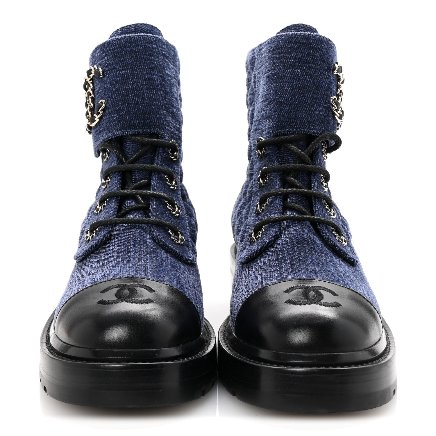 Chanel Shiny Calfskin Velvet Quilted Lace Up Combat Boots 38.5 Blue Black