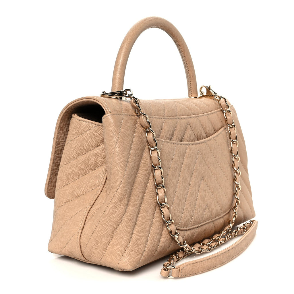 Chanel Caviar Chevron Quilted Small Coco Handle Flap Beige