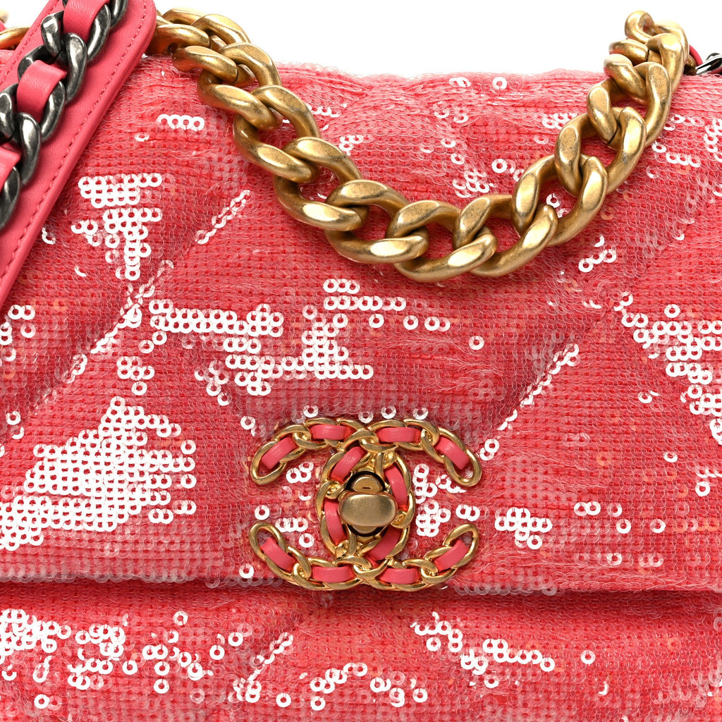 Chanel Sequin Quilted Medium Chanel 19 Flap Coral