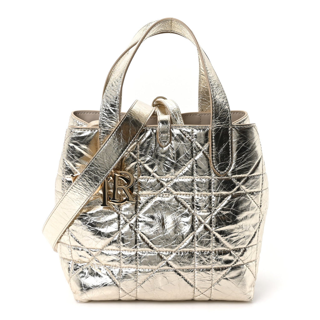 Christian Dior Metallic Calfskin Macrocannage Small Toujours Vertical Tote Gold
