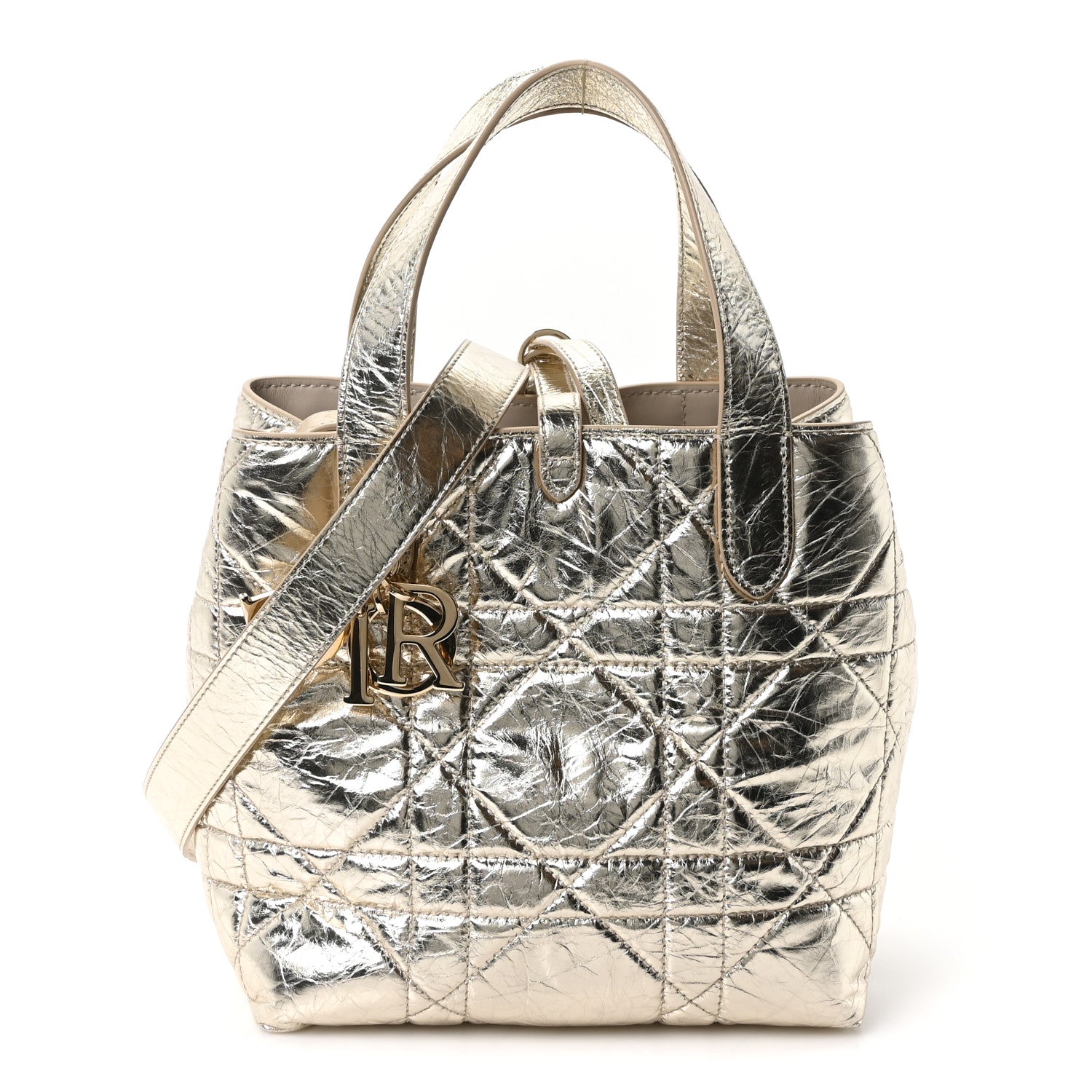 Christian Dior Metallic Calfskin Macrocannage Small Toujours Vertical Tote Gold
