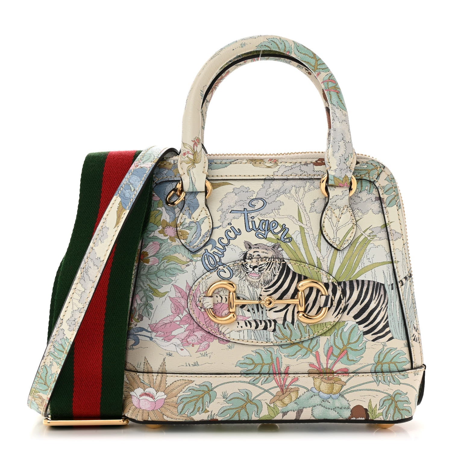 Gucci New Shangai Calfskin Tiger Savanah Web Mini Horsebit 1955 Top Handle Bag Chalky White Multicolor