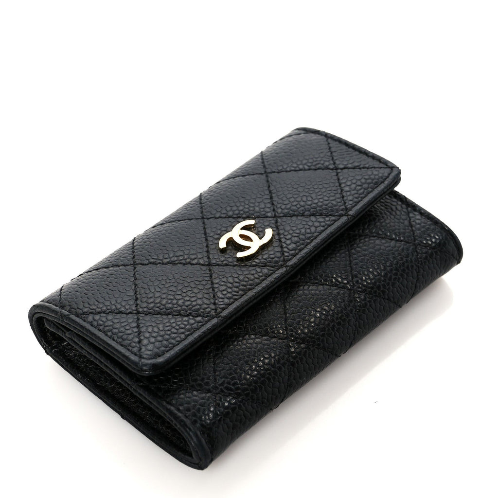 Caviar Quilted Flap Card Holder Wallet Black