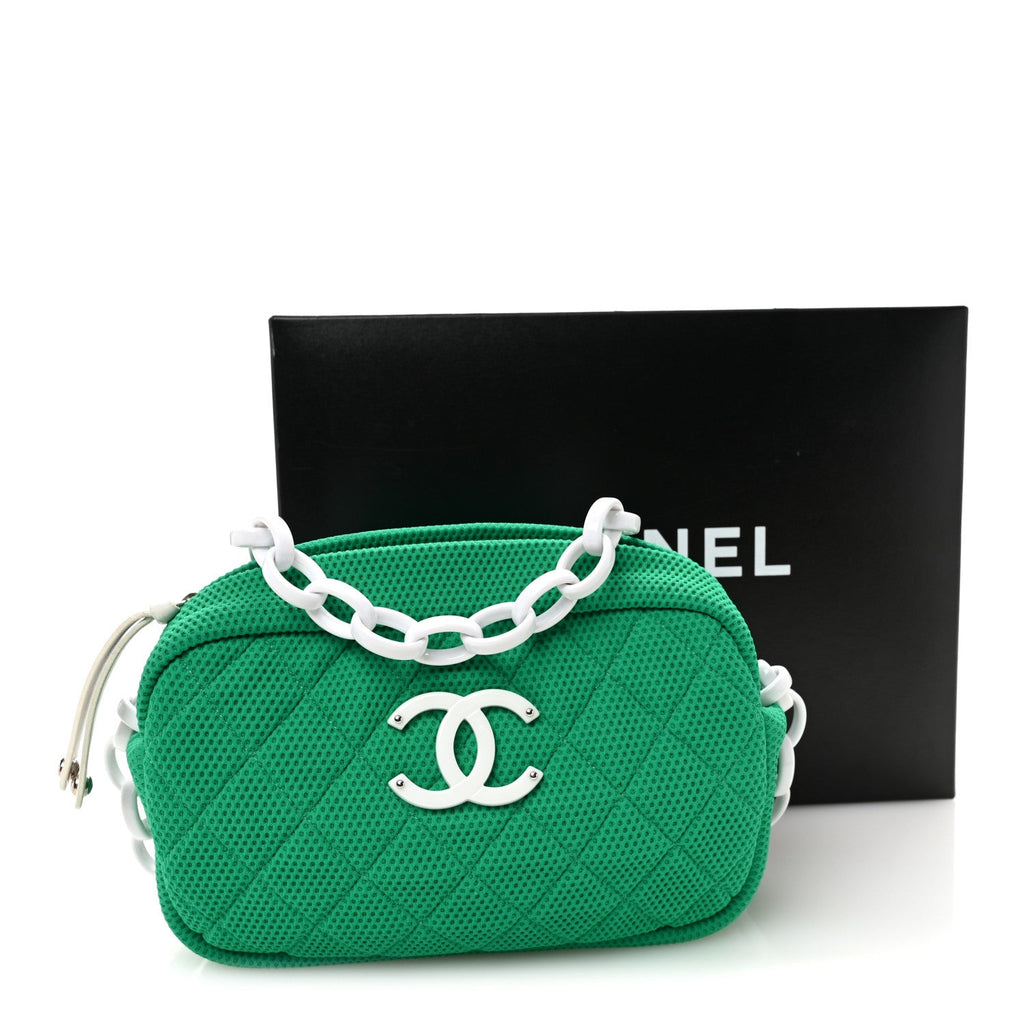 Chanel Mesh Fabric Quilted Camera Bag Green White