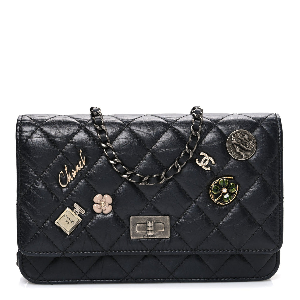 Chanel Aged Calfskin Quilted Lucky Charms 2.55 Reissue Wallet On Chain WOC Black