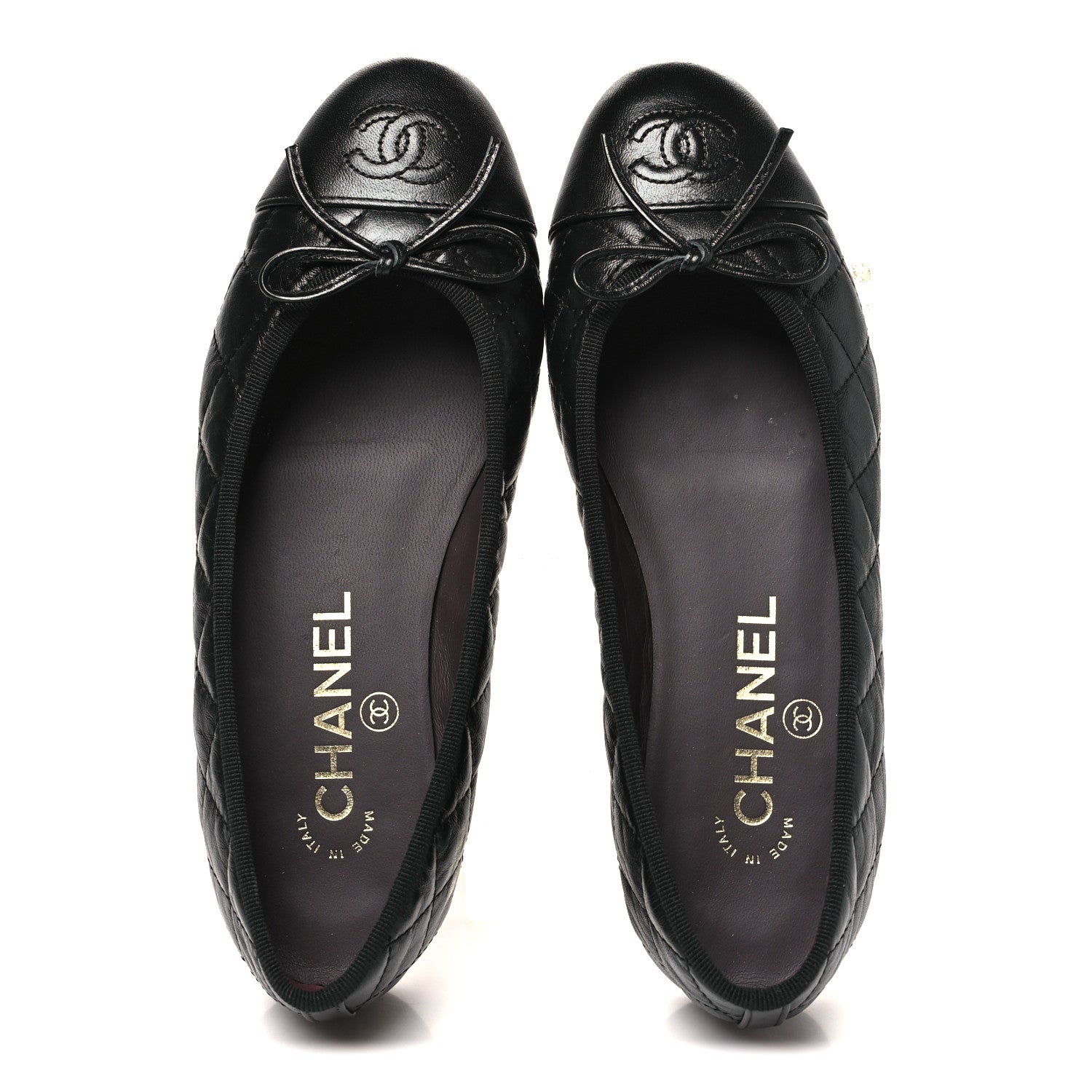 Aged Calfskin Quilted CC Cap Toe Ballerina Flats 35 Black