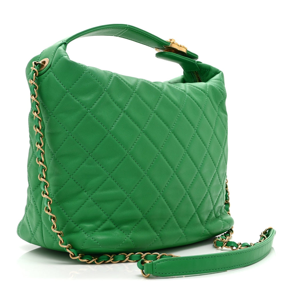 Chanel Lambskin Quilted Large Perfect Meeting Hobo Green