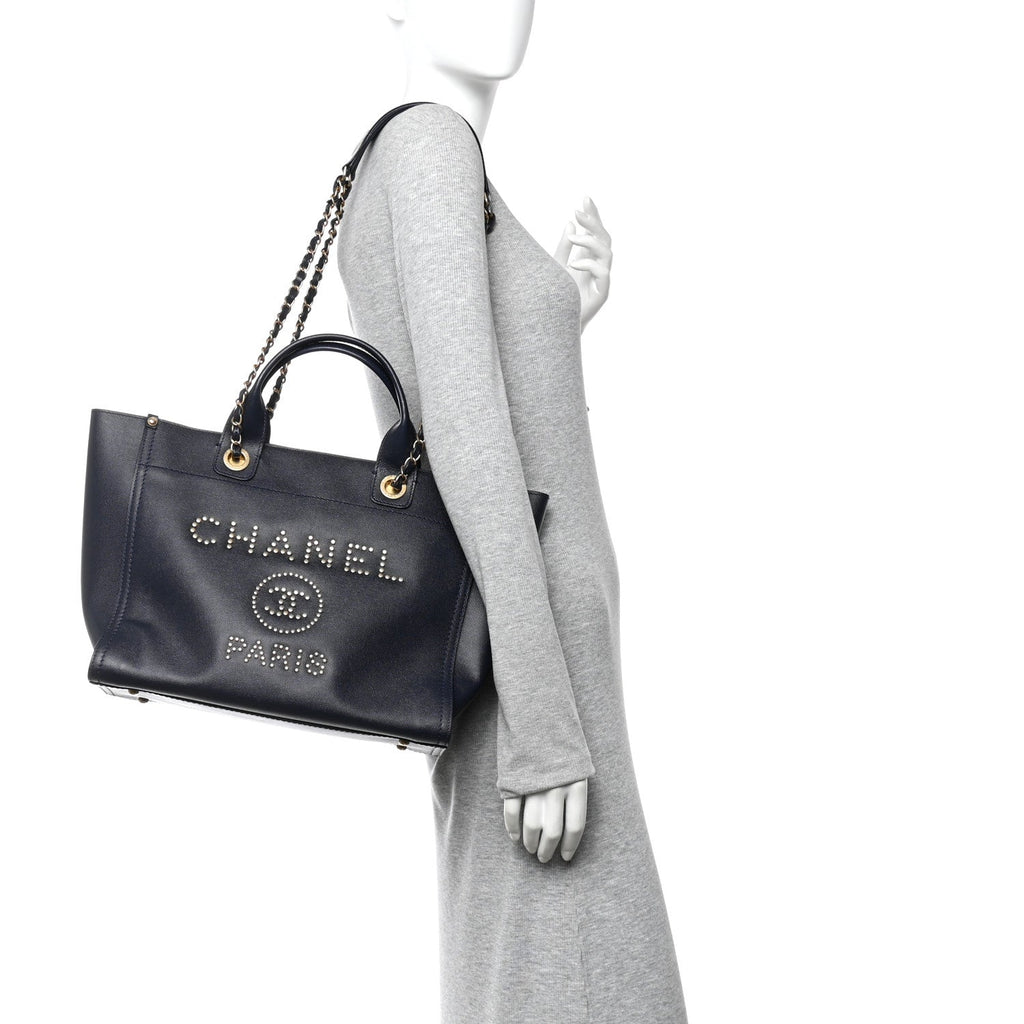 Chanel Caviar Small Studded Deauville Tote Navy