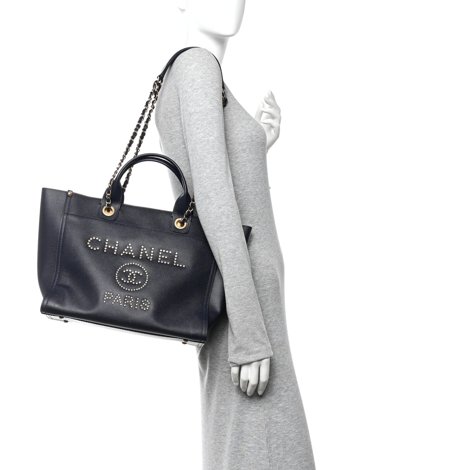 Chanel Caviar Small Studded Deauville Tote Navy