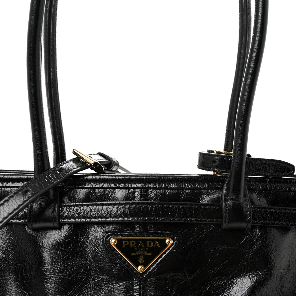 Prada Glossy Calfskin Triangle Medium Bonnie Shoulder Bag Black