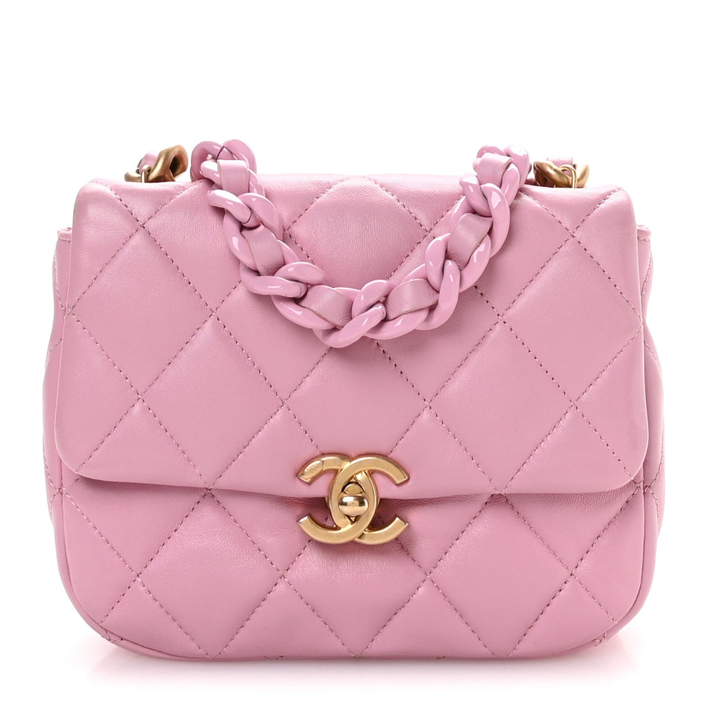Chanel Lambskin Quilted Mini Lacquered Chain Flap Pink