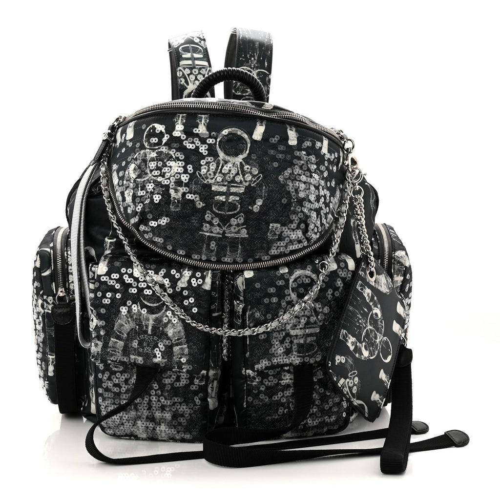 Chanel Sequin Nylon Lambskin Astronaut Essentials Backpack Black White