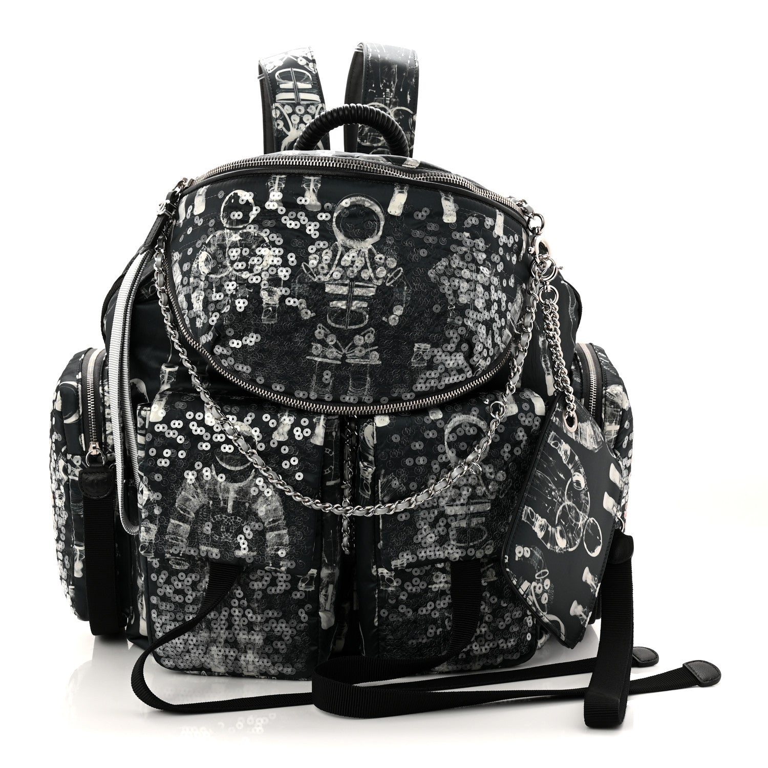Chanel Sequin Nylon Lambskin Astronaut Essentials Backpack Black White