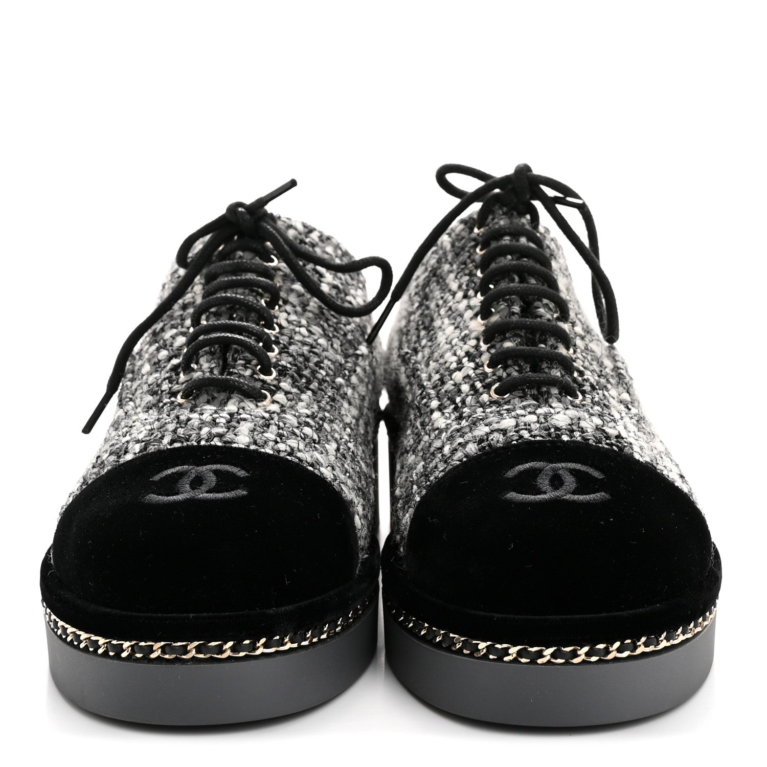 Chanel Tweed Suede CC Lace Up Oxfords 38.5 Grey Black
