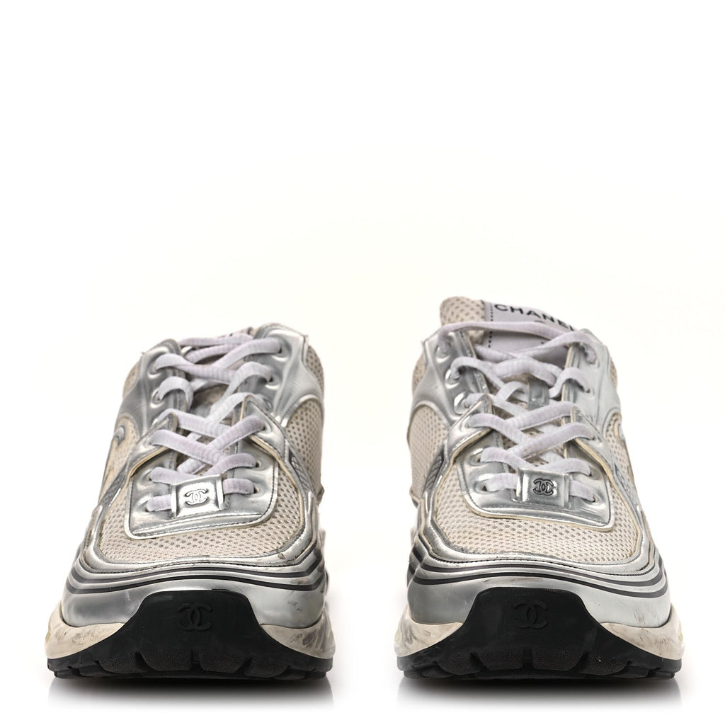 Fabric Laminated Calfskin Stretch CC Sneakers 39.5 White Silver