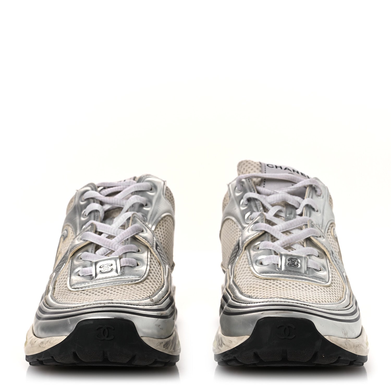 Fabric Laminated Calfskin Stretch CC Sneakers 39.5 White Silver