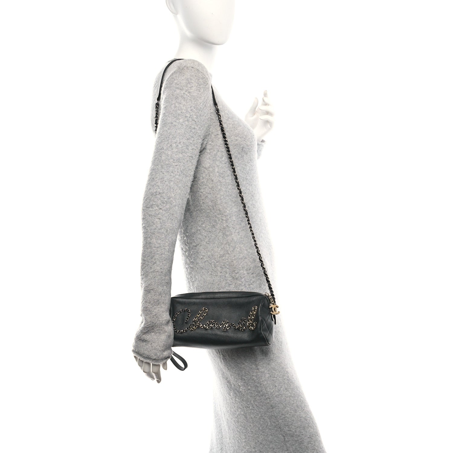 Chanel Metallic Lambskin Signe Bowling Bag Black