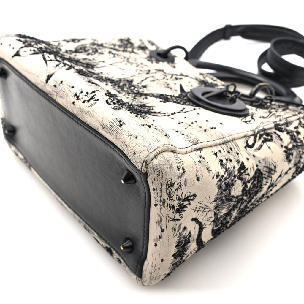 Christian Dior Calfskin Toile de Jouy Carnivora Medium Lady Dior White Black