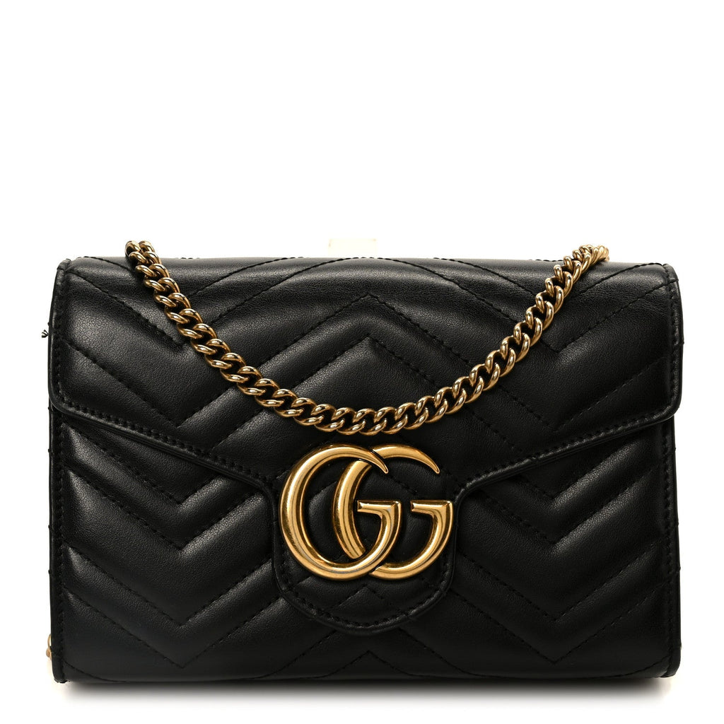Gucci Calfskin Matelasse GG Marmont Chain Wallet Black