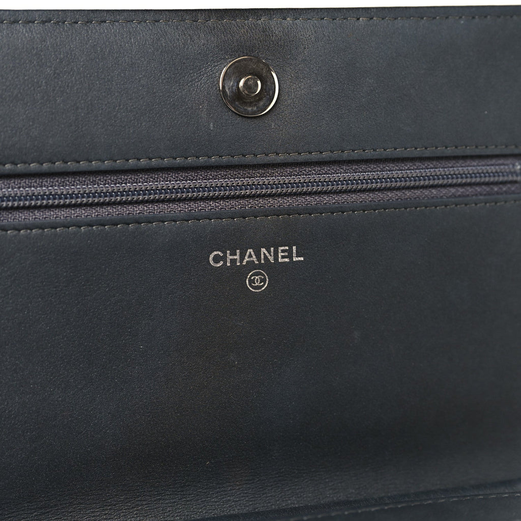 Chanel Lambskin Camellia Studded Wallet on Chain WOC Grey