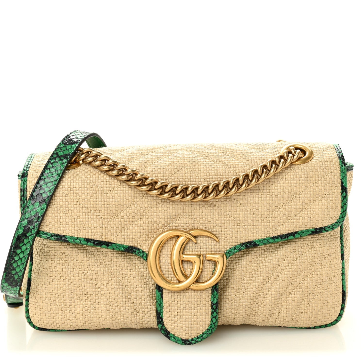 Gucci Raffia Elaphe Matelasse Small GG Marmont Shoulder Bag Natural New Shamarock